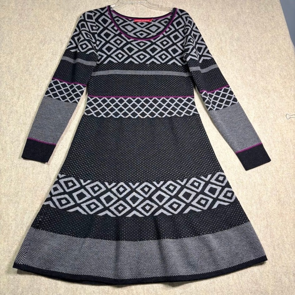 Krimson Klover Sweater Dress Womens M Black Merino Wool Geometric Knit Boho